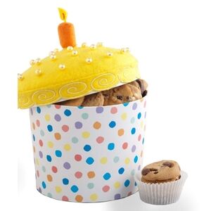 Yellow Cupcake Shaped Decorative Gift Box w/ Polka Dots & Faux Candle